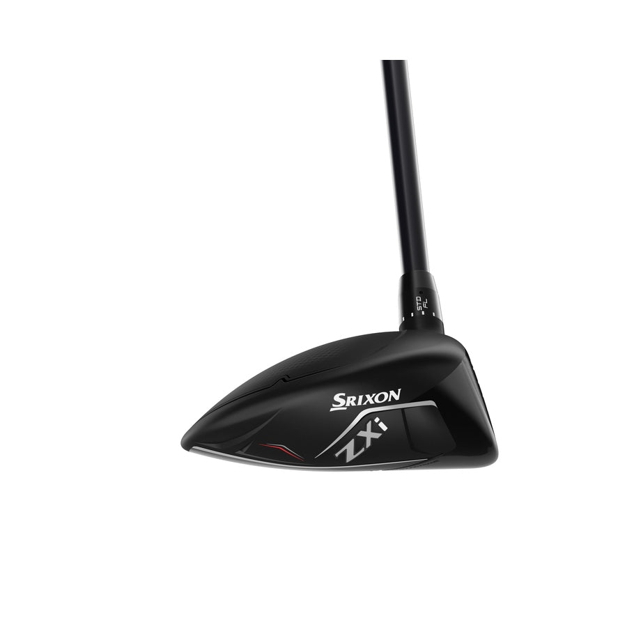 A black Srixon ZXi Fairway Wood with a sleek, modern design and Rebound Frame technology for increased ball speed is shown angled to highlight the clubhead and part of the shaft against a white background.