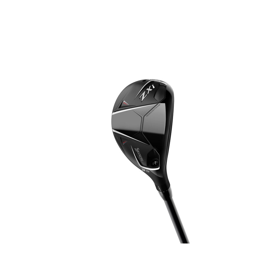 A black Srixon ZXi Hybrid with Rebound Frame technology is displayed against a white background, highlighting its sleek design and clubhead branding.