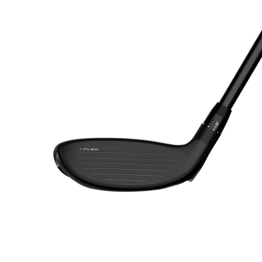A close-up of a Srixon ZXi Hybird golf club head highlights its grooved face, part of the shaft, and the innovative Rebound Frame technology against a plain white background.