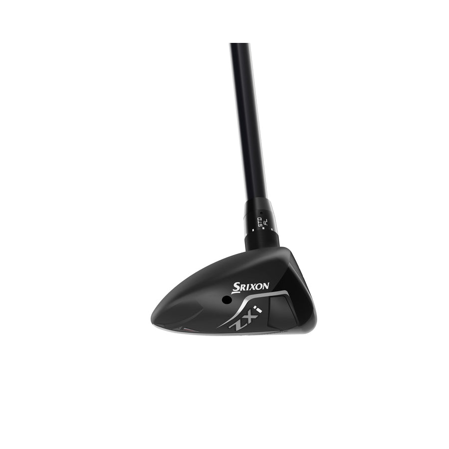 A black Srixon ZXi Hybrid golf club with an adjustable hosel is shown, its clubhead angled up and shaft extending out of frame against a white background.