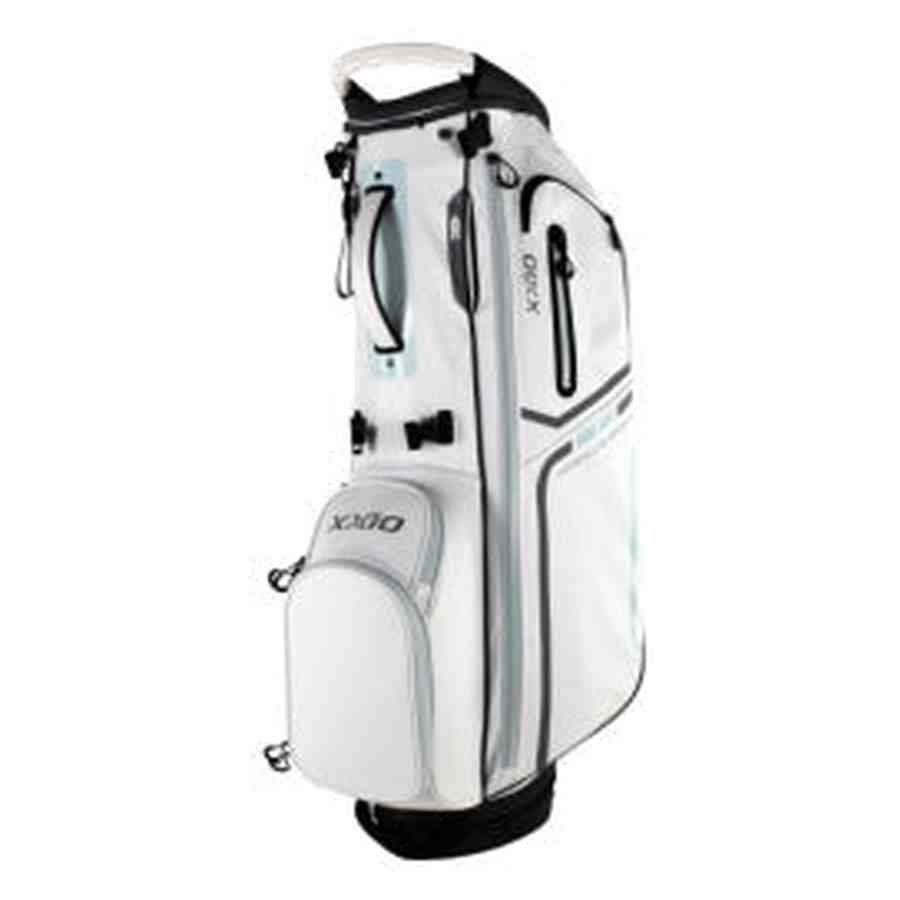 The XXIO Ladies Stand Bag in white and gray offers multiple zippered pockets, easy-carry handles, and a top divider for clubs. Designed to stand upright, it’s perfect for use with a push cart.