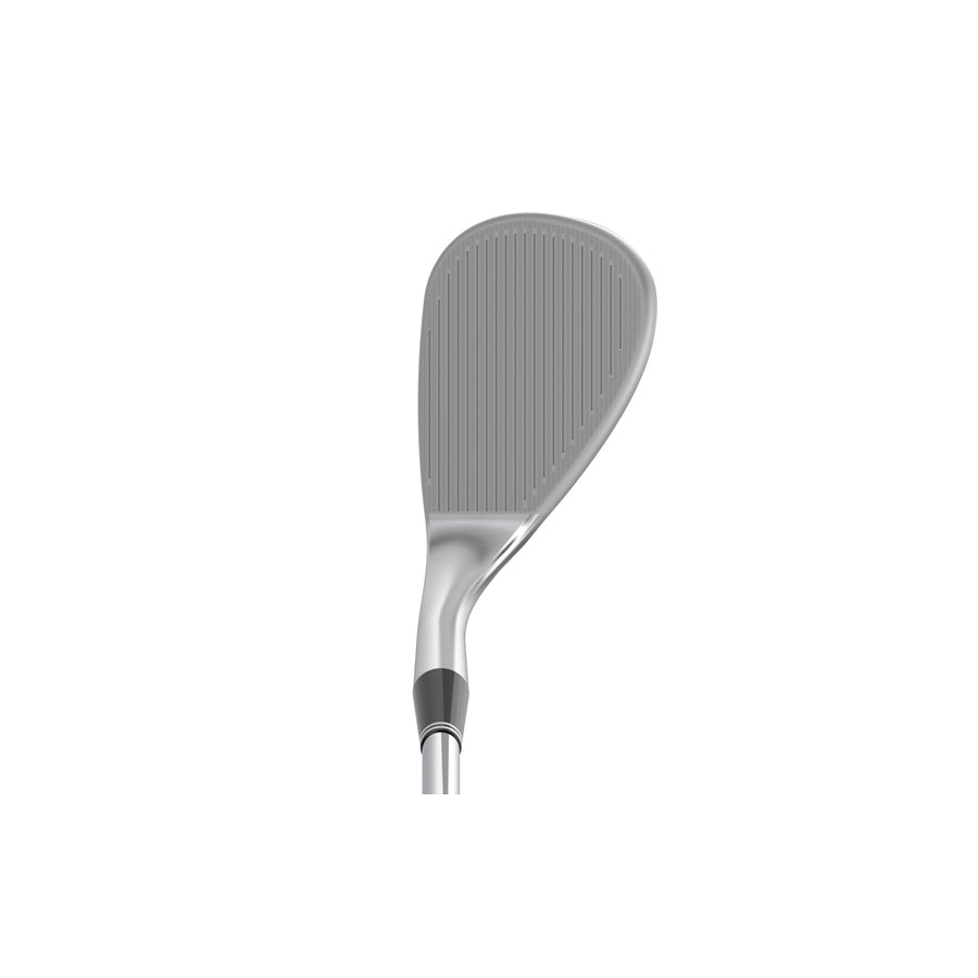 Close-up of a Cleveland Golf CBX Full Face 2 Tour Satin Wedge, highlighting its grooved face with advanced HydraZip technology and part of the shaft, isolated on a white background.
