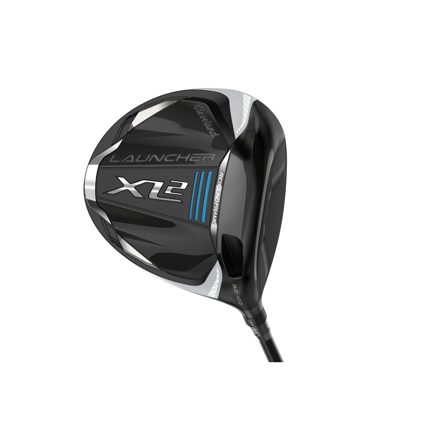 A close-up of the Cleveland Launcher XL2 Driver head, featuring silver and blue accents with the model name and logo on a white background, highlights its advanced MainFrame technology.