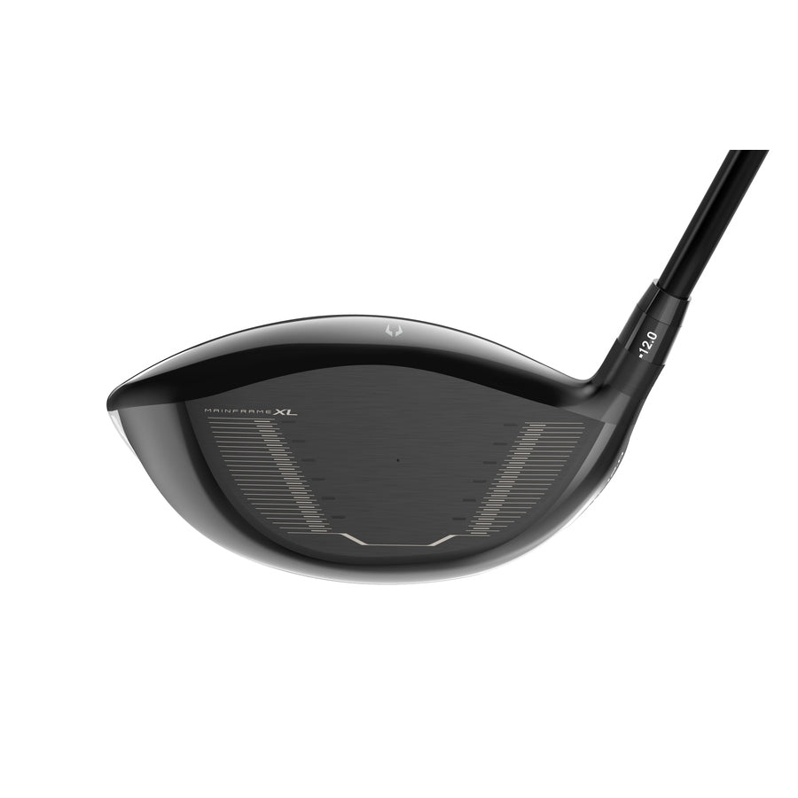 Close-up of the Cleveland Launcher XL2 Driver face, featuring alignment markings and MAINFRAME XL engraving to highlight MainFrame technology. The shaft joins at an angle from the upper right.