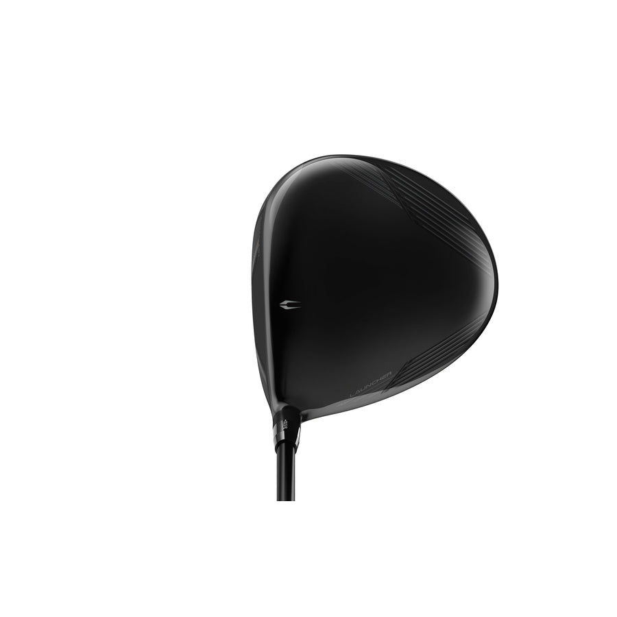 A black Cleveland Launcher XL2 Driver clubhead, seen from above at an angle, showcases a sleek, modern XL Head Design with subtle textured accents and refined lines on a white background.
