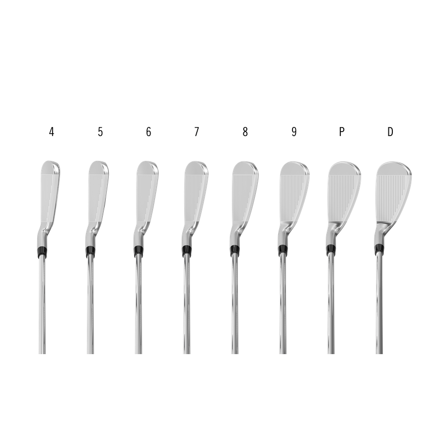 Six Cleveland Launcher XL Graphite Shaft Irons, labeled 5 through 9, PW, and DW, are arranged in a row against a white background, showcasing their hybrid performance clubheads from a similar angle for easy comparison.