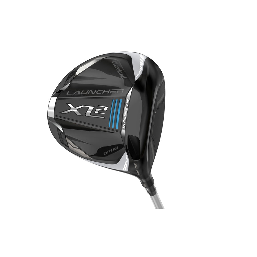The Cleveland Launcher XL2 Draw Driver is shown from a top angle, featuring a black and silver head with blue accents, MainFrame technology, and Draw printed on it.