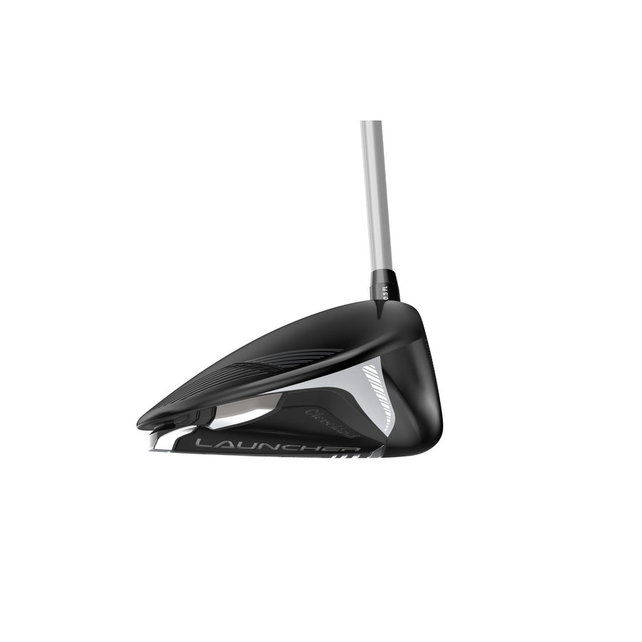 A close-up of the Cleveland Launcher XL2 Draw Driver shows its black club head with silver accents and XL Head Design, labeled Launcher, attached to a silver shaft, set against a plain white background.