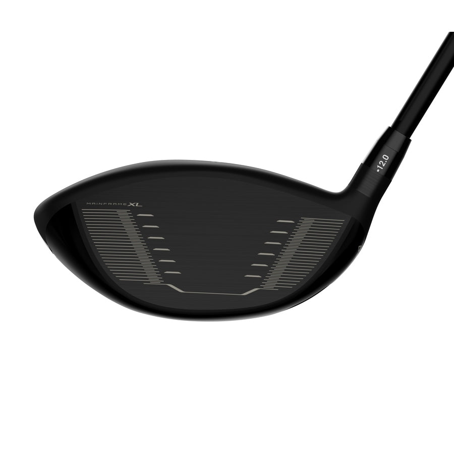 A close-up of the Cleveland Hibore XL Driver clubhead in black shows the grooved, A.I. optimized face with 10.5° marked on the shaft. Subtle branding and horizontal alignment lines are visible on the clubface.