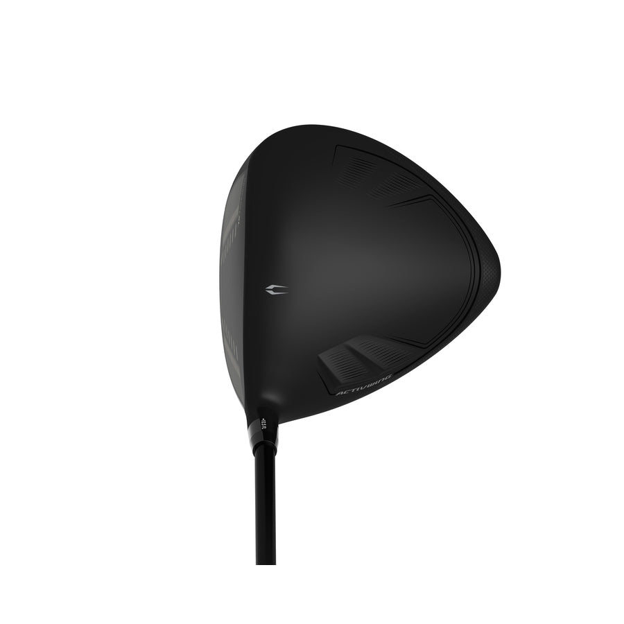 The Cleveland Hibore XL Driver is displayed in black with a matte finish, featuring an aerodynamic, A.I. optimized design and subtle branding on the club head from an angled top view.