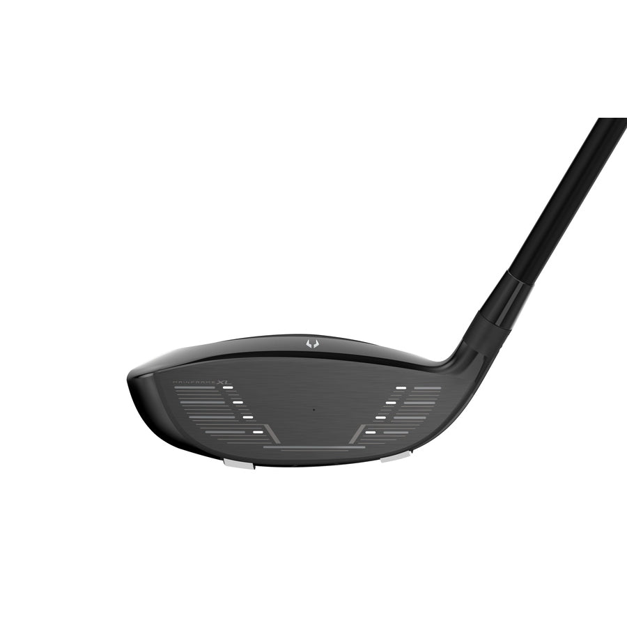 A close-up of the Cleveland Launcher Halo XL Fairway Wood head displays its MainFrame XL grooves and markings, attached to a shaft, set against a plain white background.