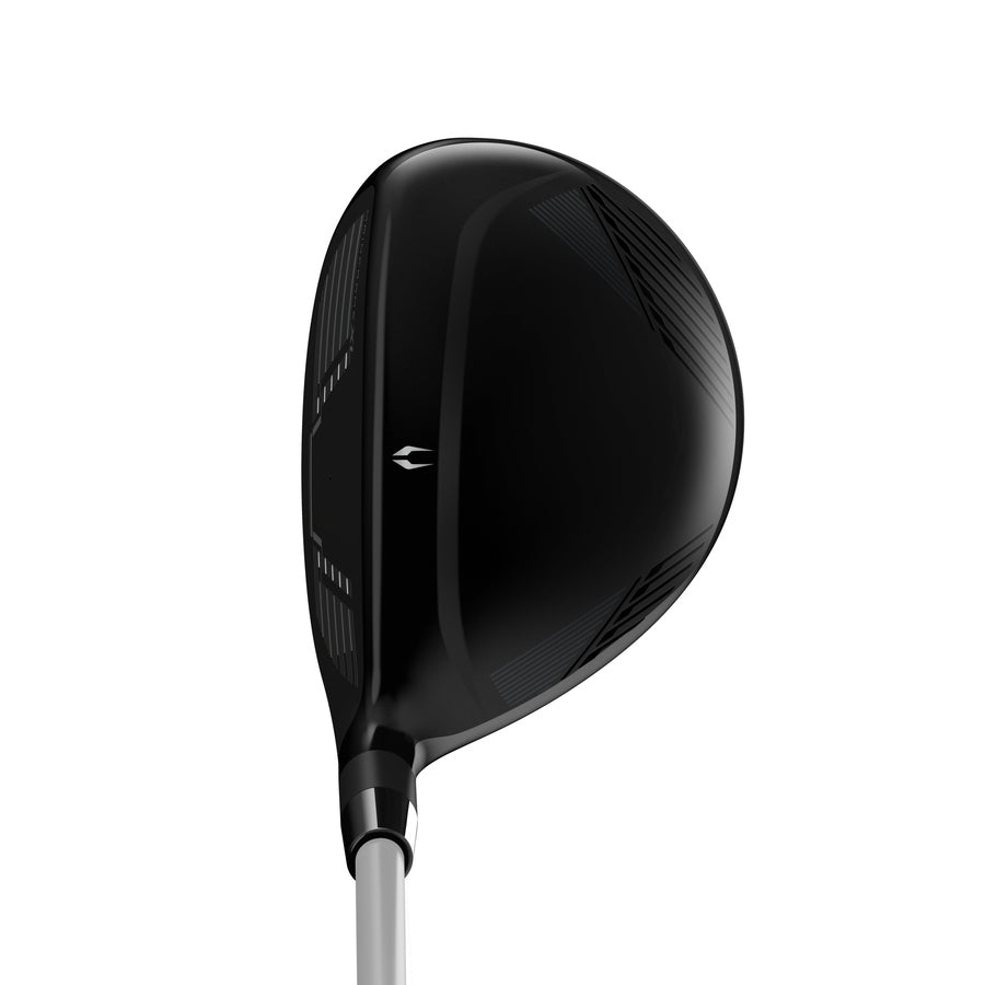 A close-up view of the Cleveland Launcher Ladies Halo XL Hy-Wood showcases its black head and silver shaft from above, emphasizing its sleek design, textured detailing, Fairway Wood distance, and Hybrid control.