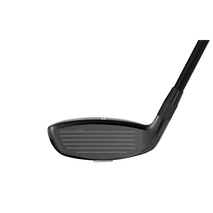 A close-up image of the Cleveland Launcher Halo XL Hybrid’s face, displaying horizontal grooves and a black shaft, with the club head angled right against a white background.