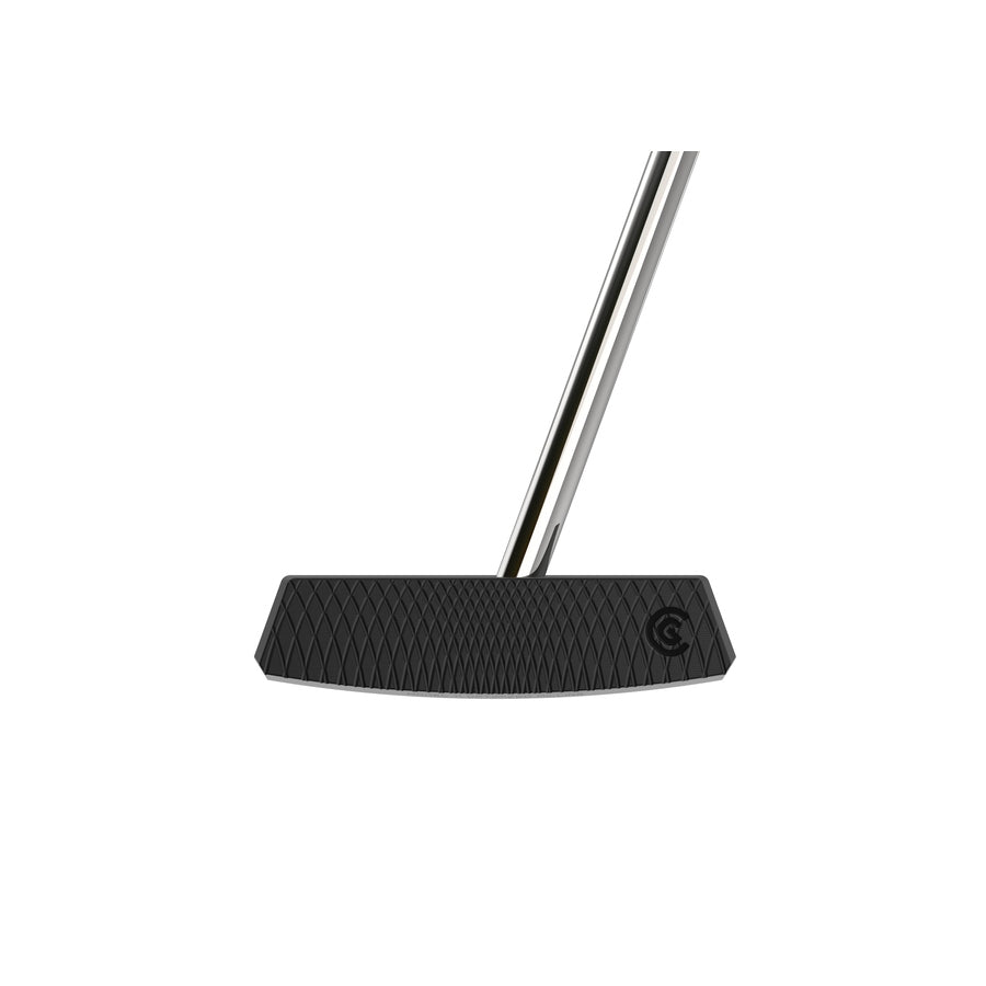 A close-up of the Cleveland HB Soft 2 Black #11C Putter head with Speed Optimized Face Technology, a textured face, and chrome shaft is shown against a plain white background.