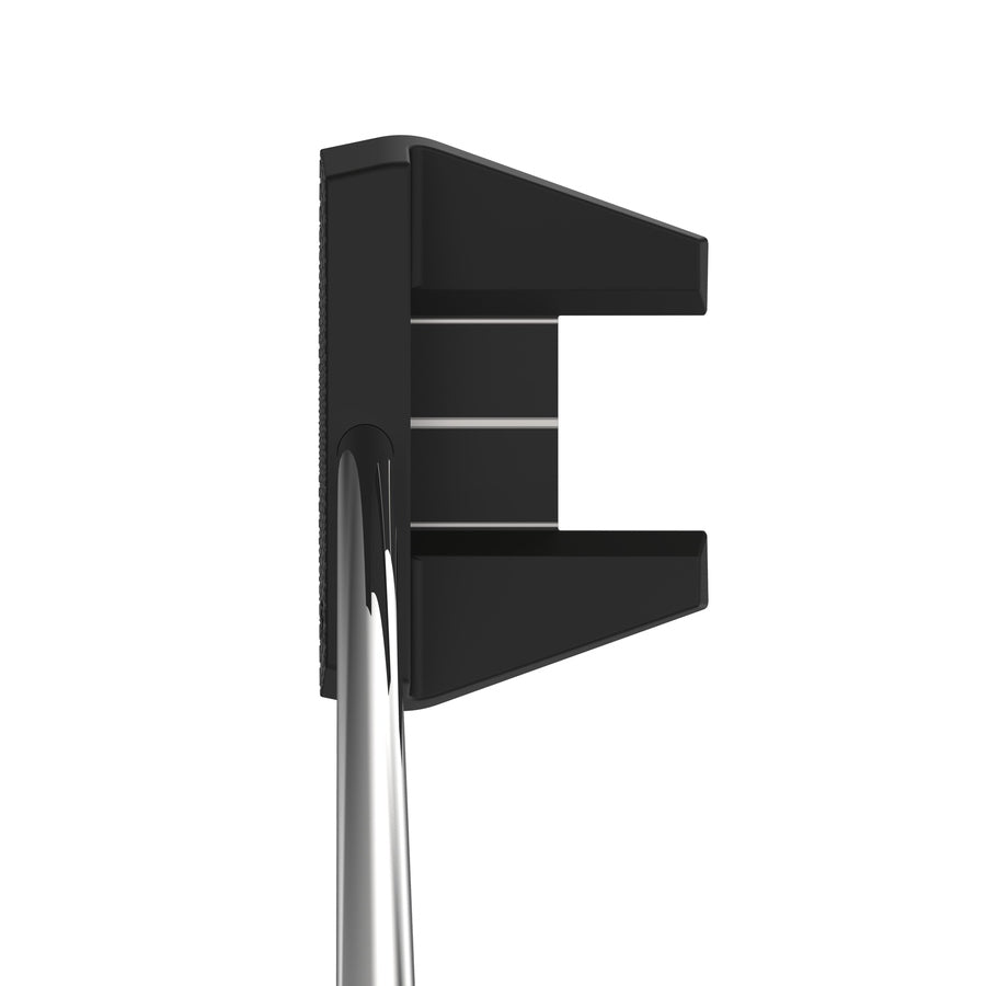 The Cleveland HB Soft 2 Black #11C Putter, viewed from above against a white background, features a modern angular head design with Speed Optimized Face Technology, two parallel alignment lines, and a metallic shaft.