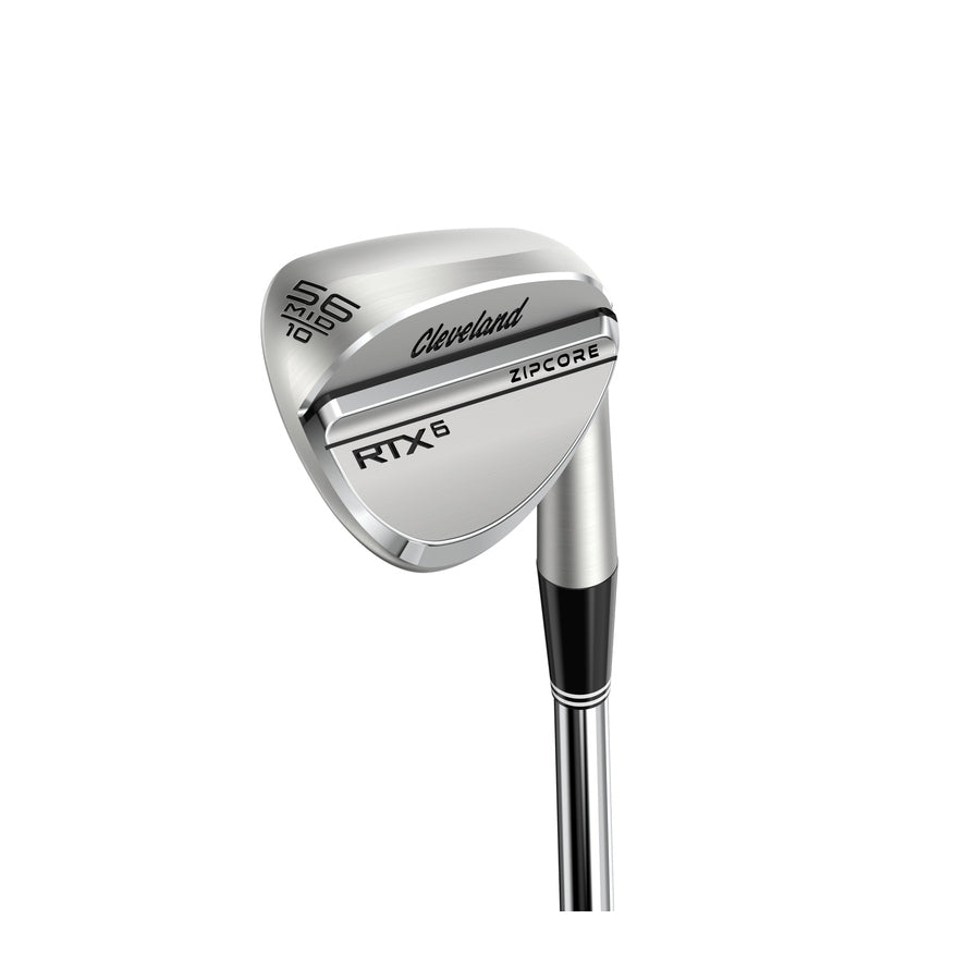 The Cleveland Golf RTX 6 Zipcore Wedge, shown in silver with a black and white grip, features engraved branding, a 56° loft, 10° bounce, and advanced UltiZip grooves for enhanced spin control against a white background.