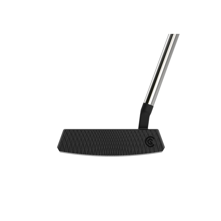 A close-up of a Cleveland HB Soft 2 Black #11S Putter head with a textured face and Speed Optimized Face Technology, paired with a silver shaft, set against a white background.