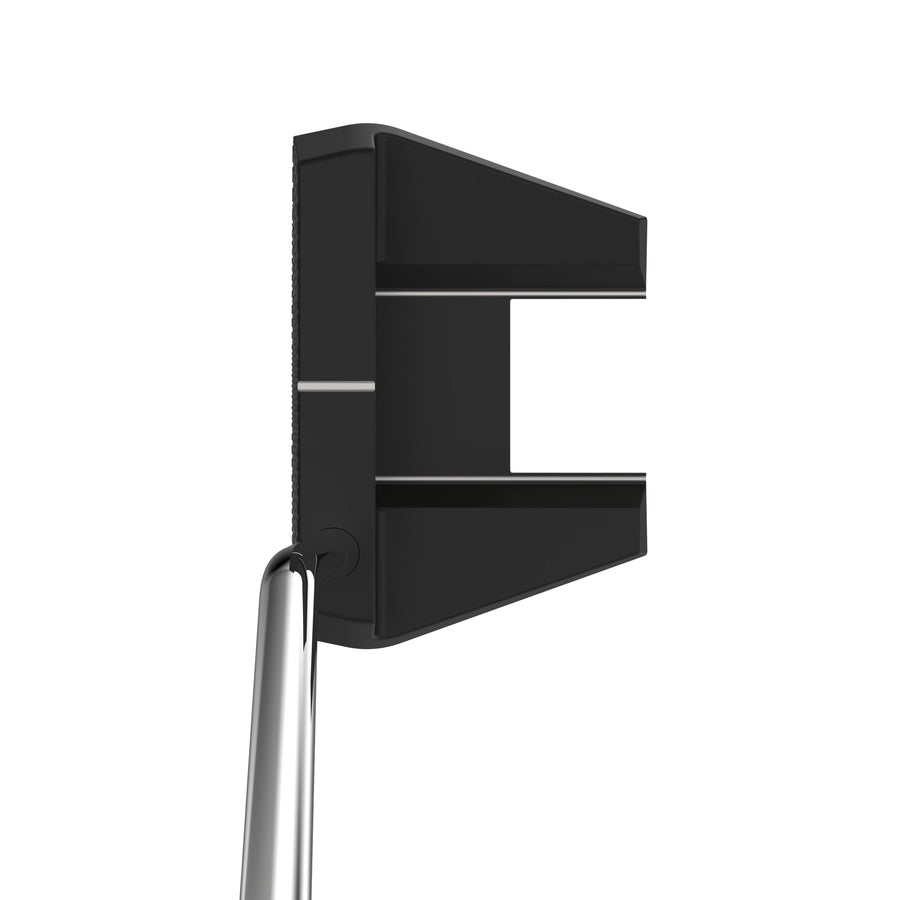 The Cleveland HB Soft 2 Black #11 Putter features a black, wide rectangular mallet head and chrome shaft, displayed from above on a white background.
