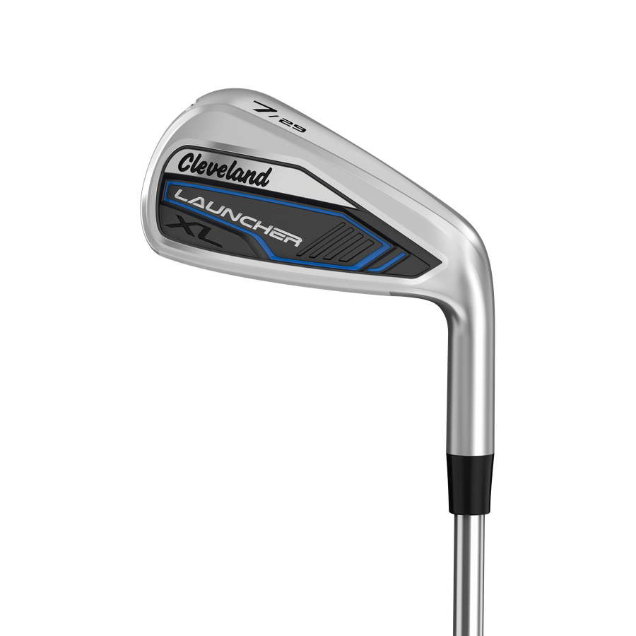 The Cleveland Launcher XL Graphite Shaft Irons 5-PW, DW feature a silver head with black and blue accents and a partially visible shaft for hybrid performance, shown against a white background.