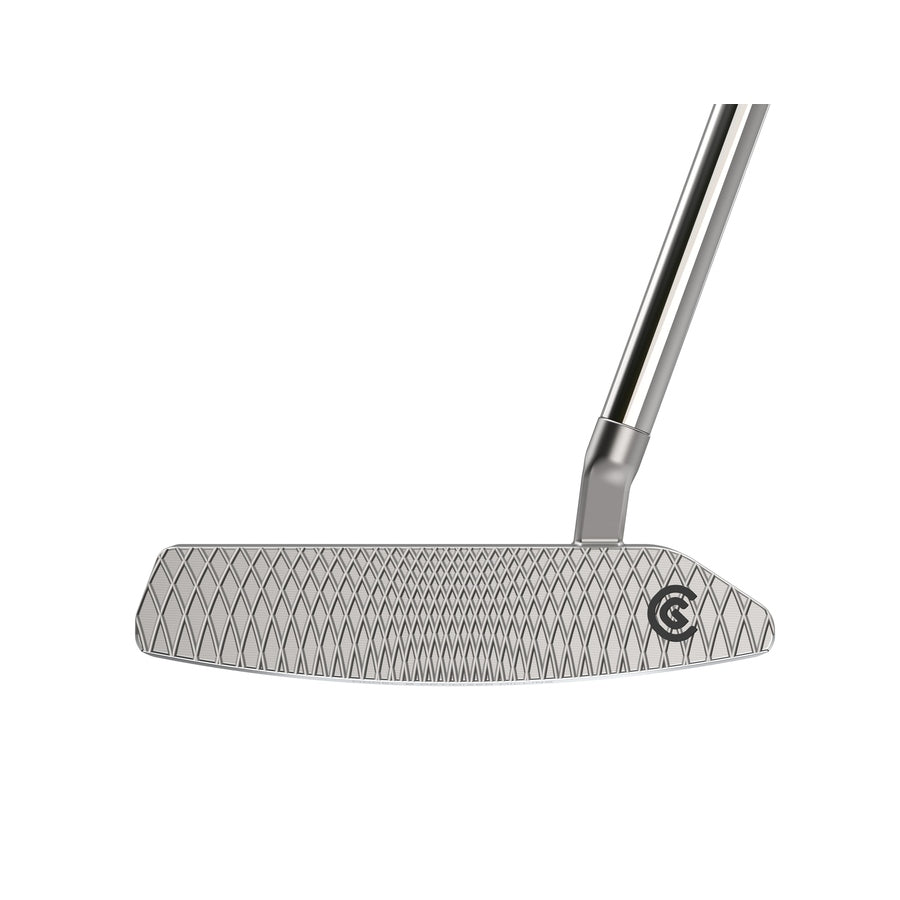 A close-up of the Cleveland HB Soft 2 #8S Blade Putter head shows its diamond-patterned Speed Optimized Face Technology and logo near the heel, attached to a metallic shaft.