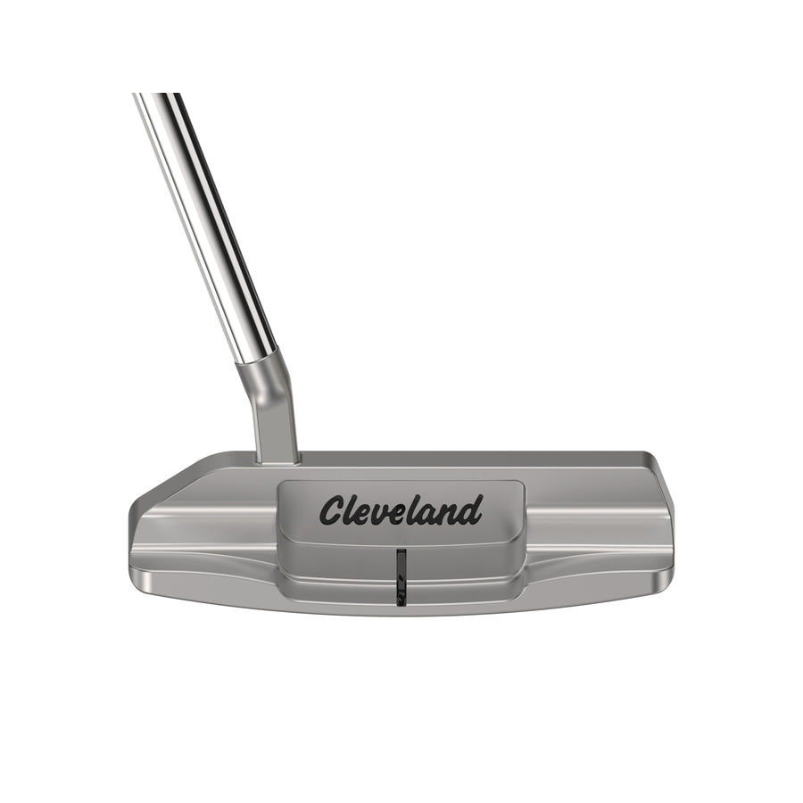 The Cleveland HB Soft 2 #8S Blade Putter features a metallic silver finish, black Cleveland branding on the back, stroke-specific design, and an angled shaft for enhanced precision on the green.