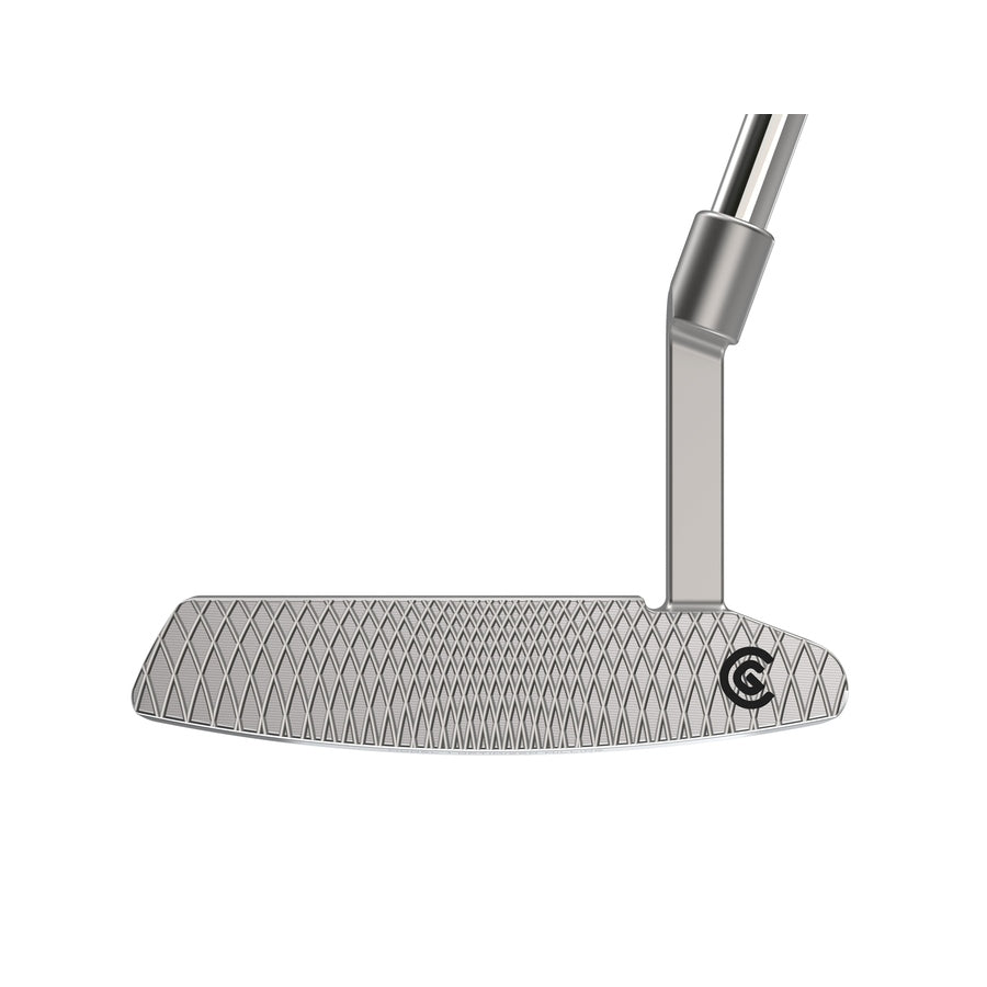 A close-up of the Cleveland Ladies HB Soft 2 #1 Putter shows its silver head with a textured diamond-pattern face, metal shaft, and a circular logo near the heel highlighting Speed Optimized Face Technology for improved performance.