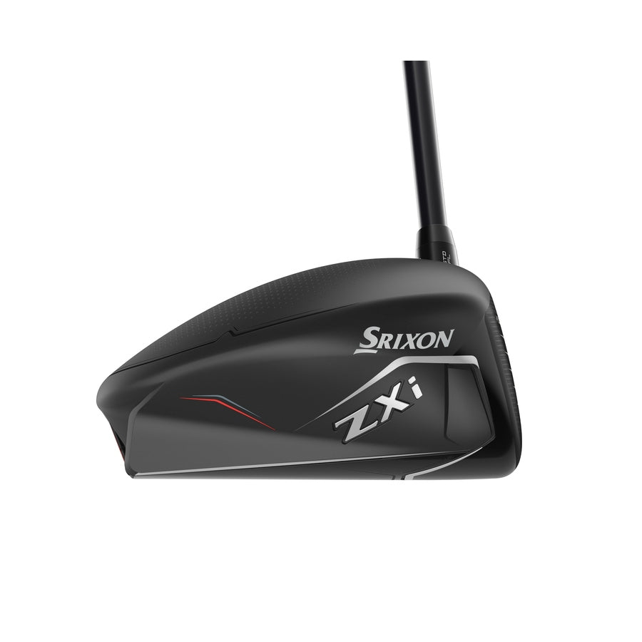 A close-up of a Srixon ZXi Max Driver highlights its sleek black design with silver and red accents, clearly displaying the Srixon brand, ZXi Max model name, and advanced Rebound Frame technology on the club head.