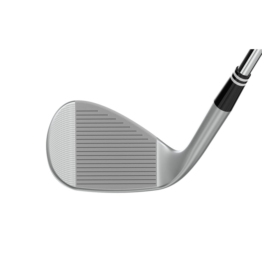 Close-up of the Cleveland CBX4 ZipCore Tour Satin Wedge with Steel Shaft, highlighting its grooved UltiZip face and black-white banded shaft near the hosel, set against a white background.