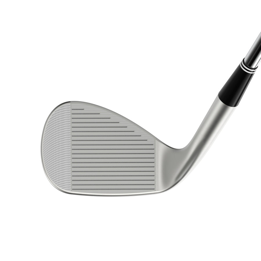 Close-up of the Cleveland Golf RTX 6 Zipcore Wedge, highlighting UltiZip grooves on its silver head and a black and silver shaft, set against a white background.
