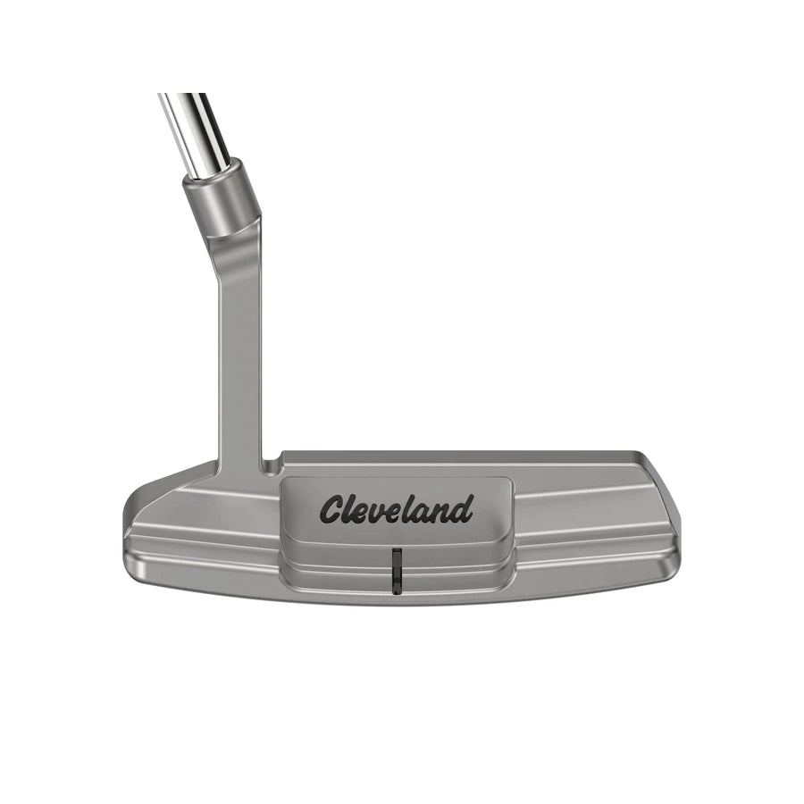 A close-up of the Cleveland HB Soft 2 Model #1 Putter head shows engraved lines, a black alignment mark, and Cleveland in black script. It features Speed Optimized Face Technology for enhanced performance.