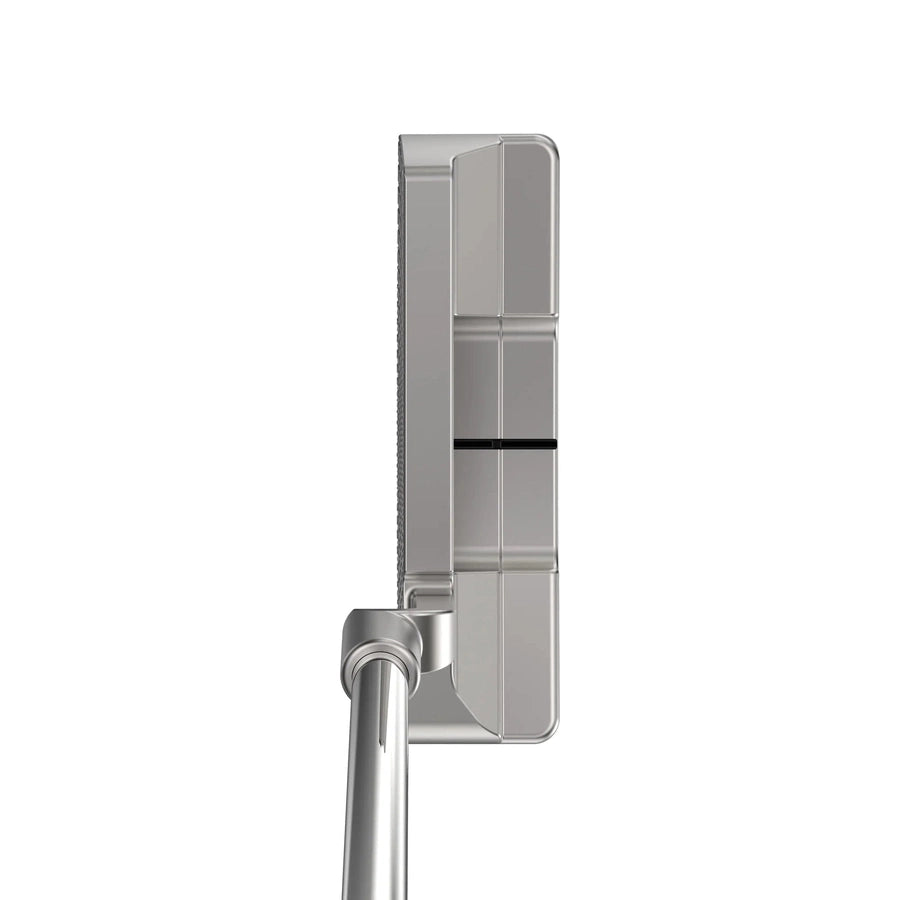 Top view of the Cleveland HB Soft 2 Model #1 Putter in silver with a metallic finish, stroke-specific design, alignment lines on the head, and a side-mounted shaft, set against a plain white background.