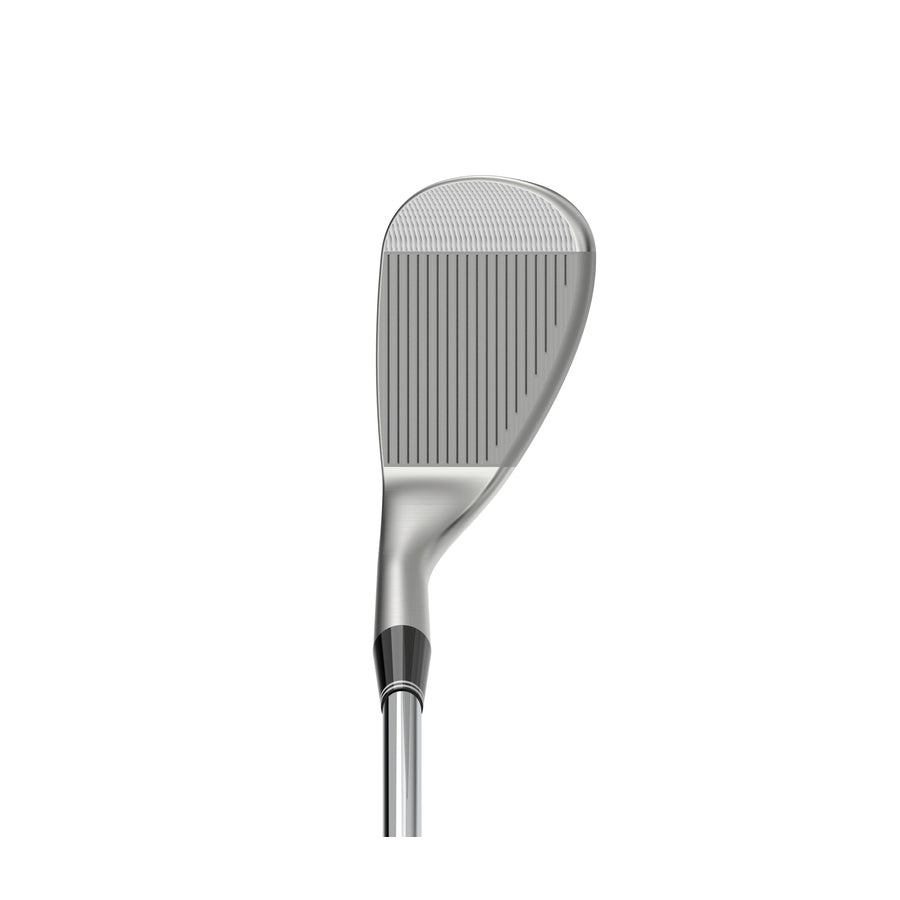 A close-up of the Cleveland Golf RTX 6 Zipcore Wedge showcases its UltiZip grooves and metallic finish, with the club positioned vertically against a white background.