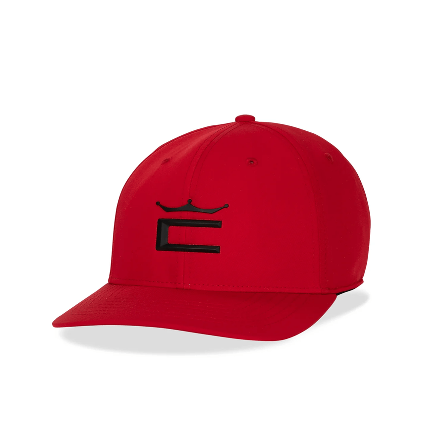 The Cobra Tour Crown Snapback Cap is red with a black embroidered crown above the letter E on the front, displayed against a white background. It features a moisture-wicking sweatband for comfort.