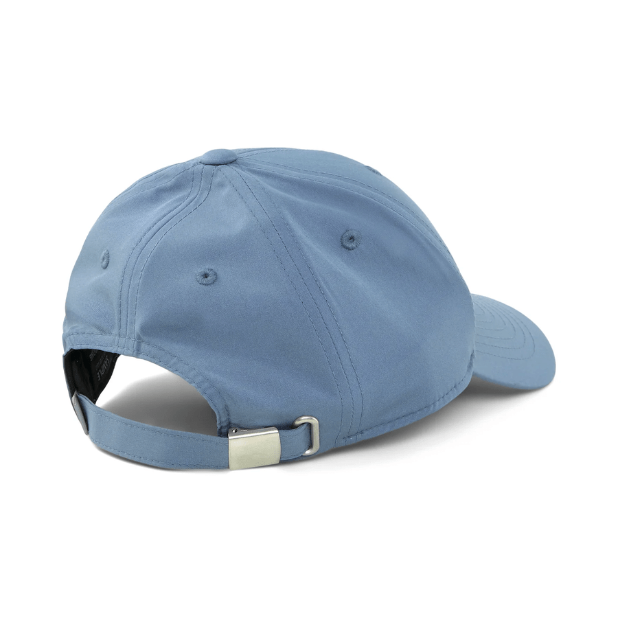 The Puma Structured P Cap in light blue is shown from the back, featuring a form-fitting design, metal-buckle adjustable strap, stitched ventilation eyelets, and a convenient one-size-fits-all fit.