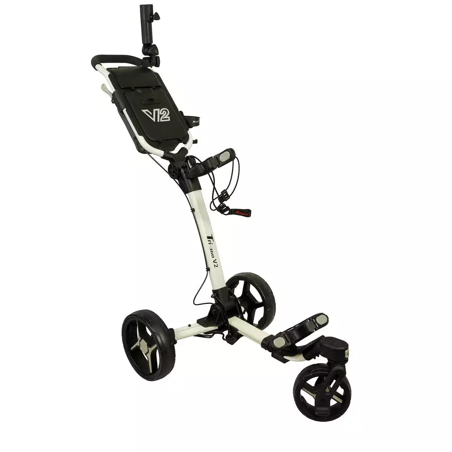 The Axglo V2 Golf Cart is a white and black 3-wheel cart with a handle, storage compartment, and foldable frame, designed for carrying your golf bag and accessories conveniently on the course.