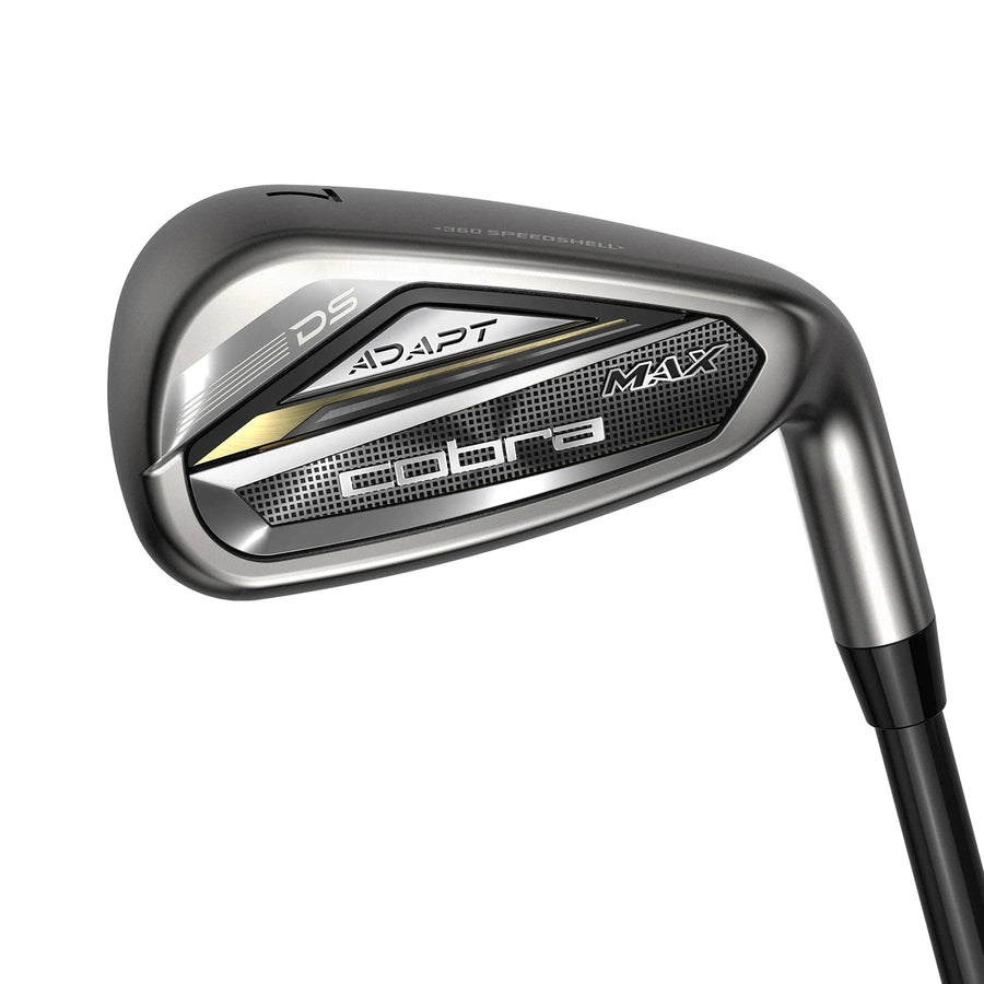 A close-up of the Cobra Ladies DS-ADAPT Max Irons 5-PW, SW shows their silver and black design with gold accents, clubhead branding, and engineering focused on maximum forgiveness for women golfers.