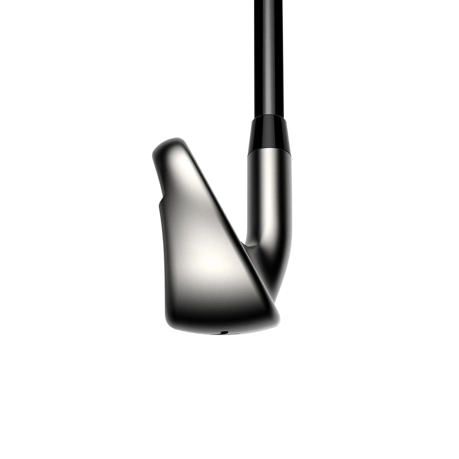 A close-up of a Cobra Ladies DS-ADAPT Max Irons 5-PW, SW club head with a black shaft, shown vertically against a plain white background and designed for maximum forgiveness.