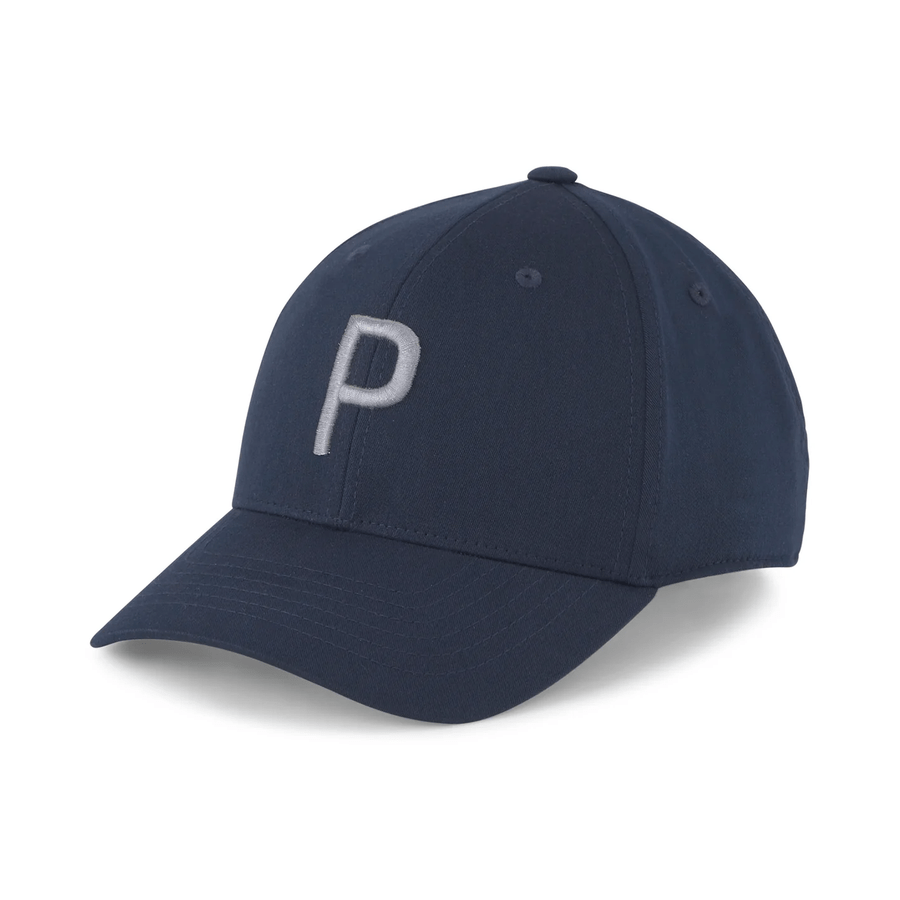 The Puma Structured P Cap is a navy blue, form-fitting hat with a curved brim and a bold white P embroidered on the front. Designed for comfort and style, this modern cap is one size fits all.