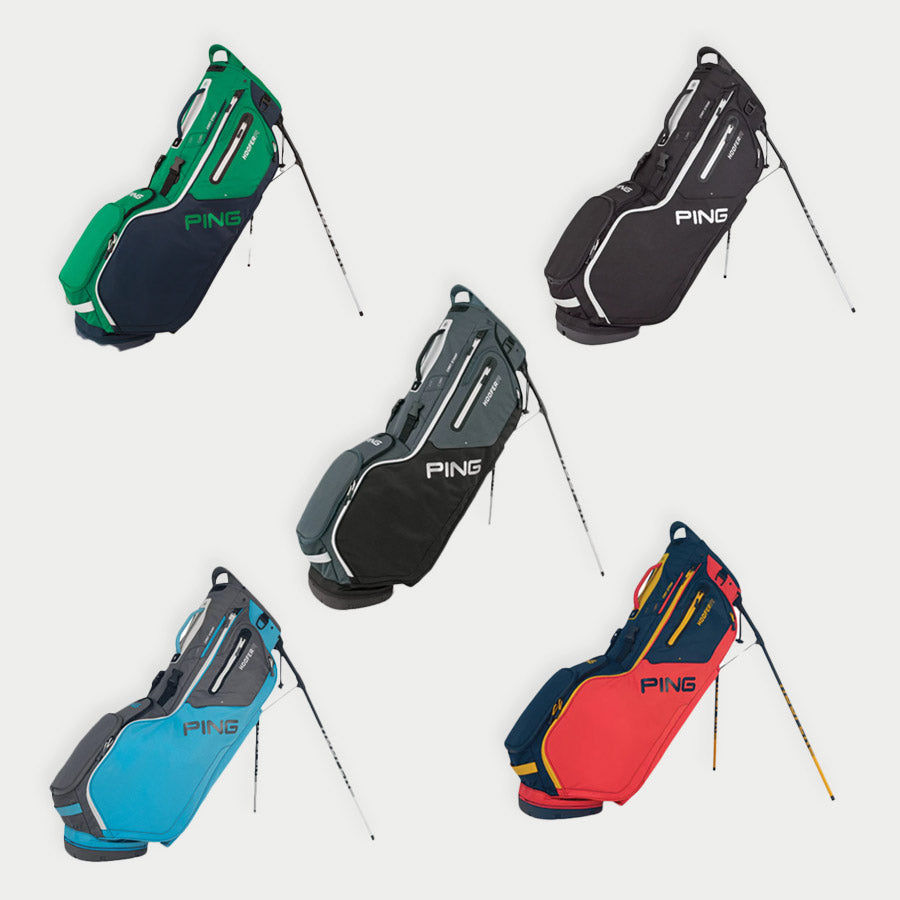 5 Ping Hoofer 14 Carry Golf Bags of different colors in a white background