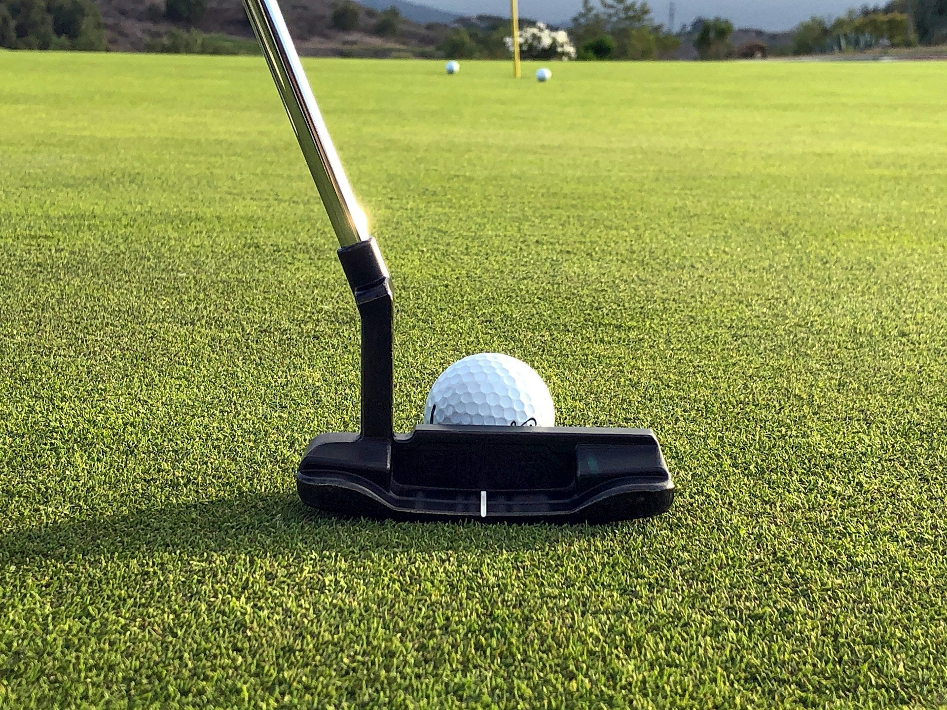 close picture of a putter about to strike a ball