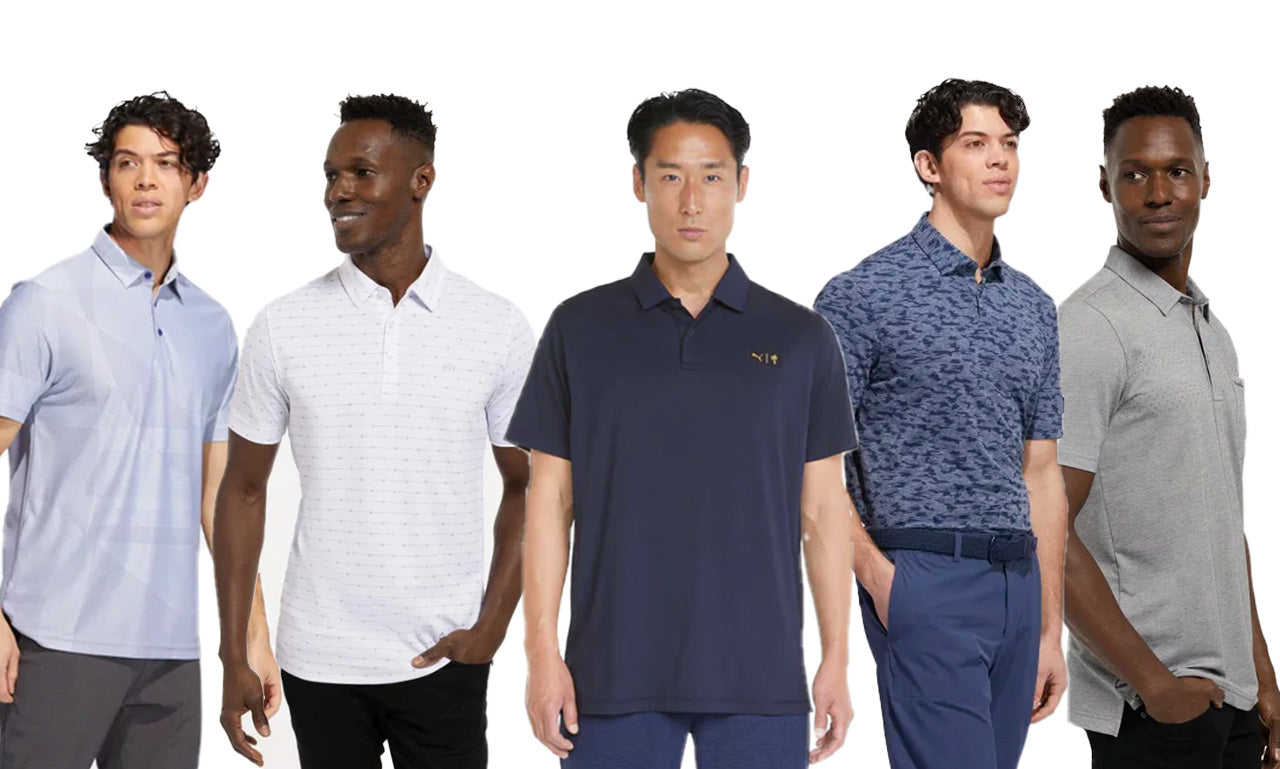 5 models wearing some of the best golf shirts for men of 2023