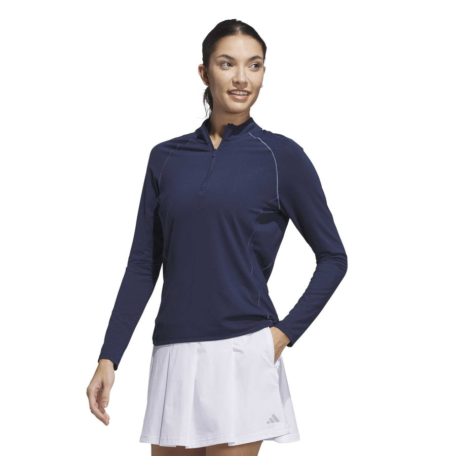 Adidas Ladies Ultimate365 Solid Quarter-Zip Mock Polo Shirt - Navy