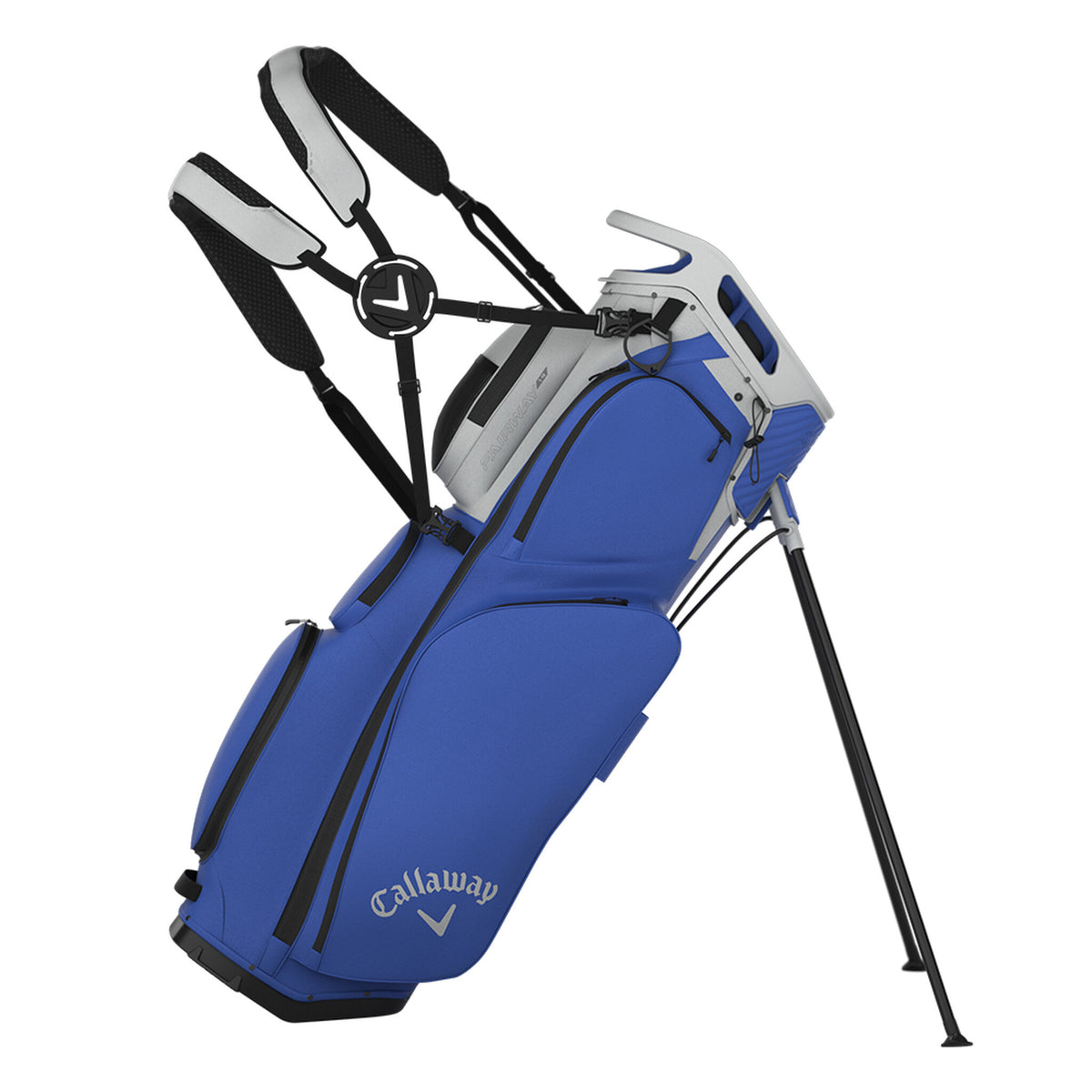 Sac de golf trépied Callaway Fairway 14 argent/Neptune, porté sur le côté
