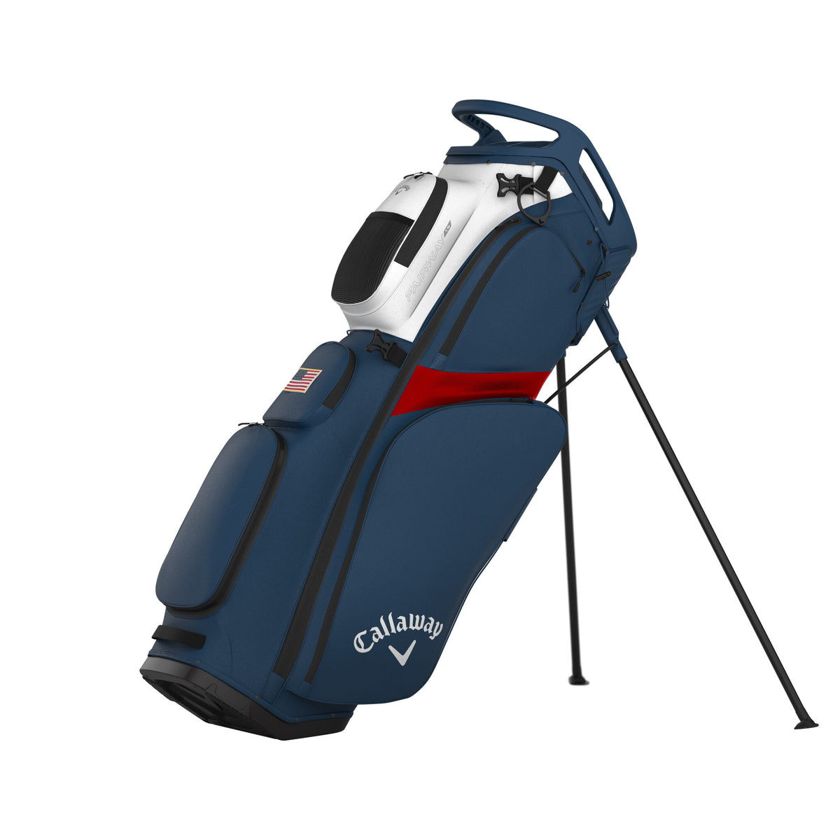 Sac de golf trépied Callaway Fairway 14 blanc/marine/drapeau rouge, vue de face en biais