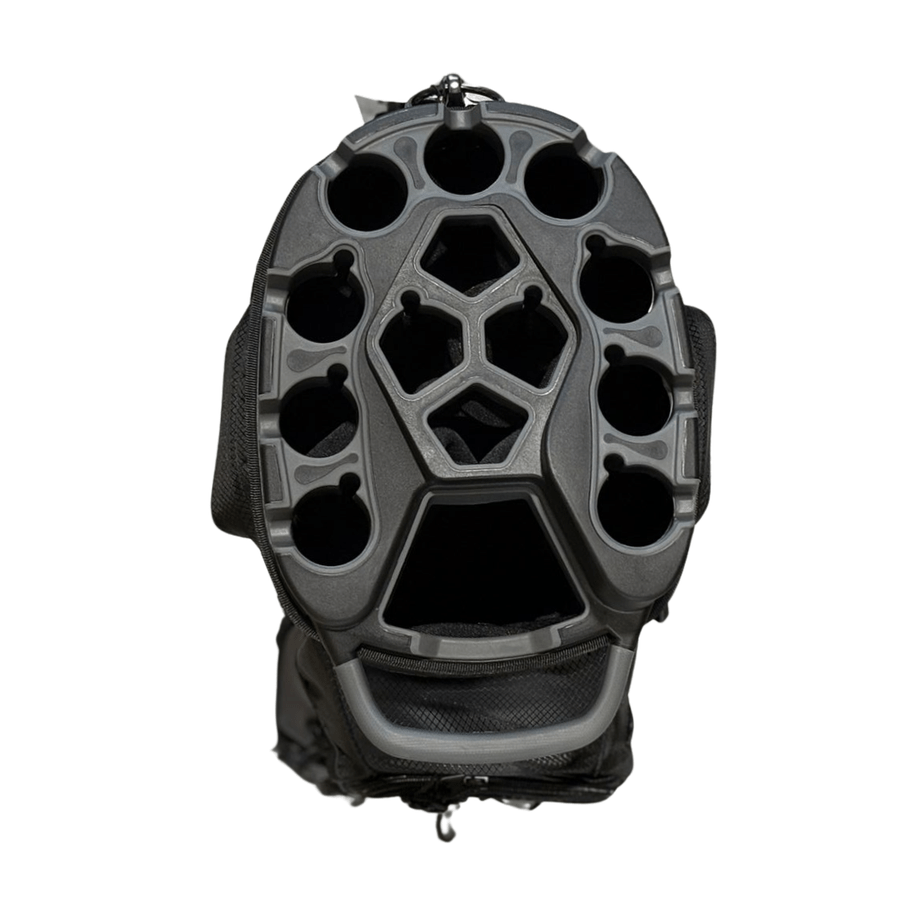 Top-down view of the NS Deluxe Tour Lock Organizer Cart Bag in black, featuring a 14-way divider, multiple compartments, and an insulated cooler pocket to keep your golf clubs organized and protected.