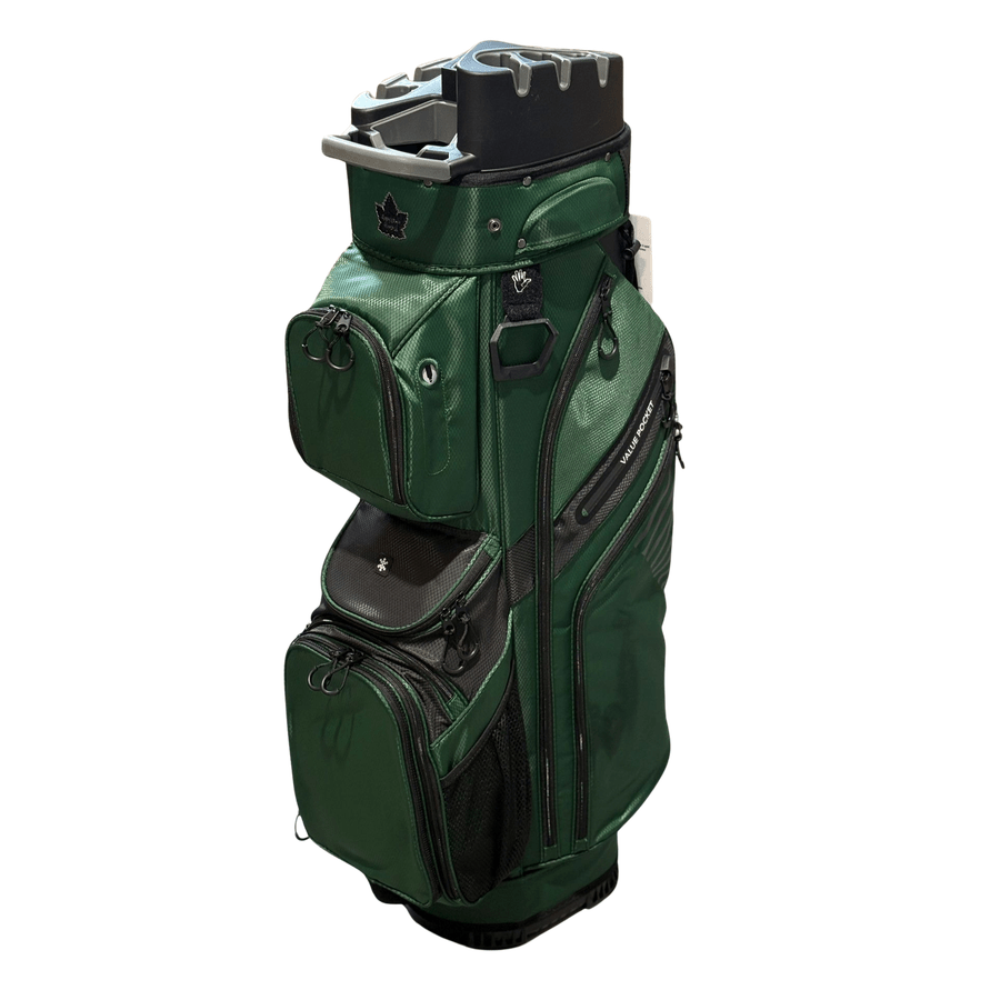 The NS Deluxe Tour Lock Organizer Cart Bag features a green design with black accents, multiple zippered pockets, a reinforced top, and a 14-way divider, standing upright against a white background.
