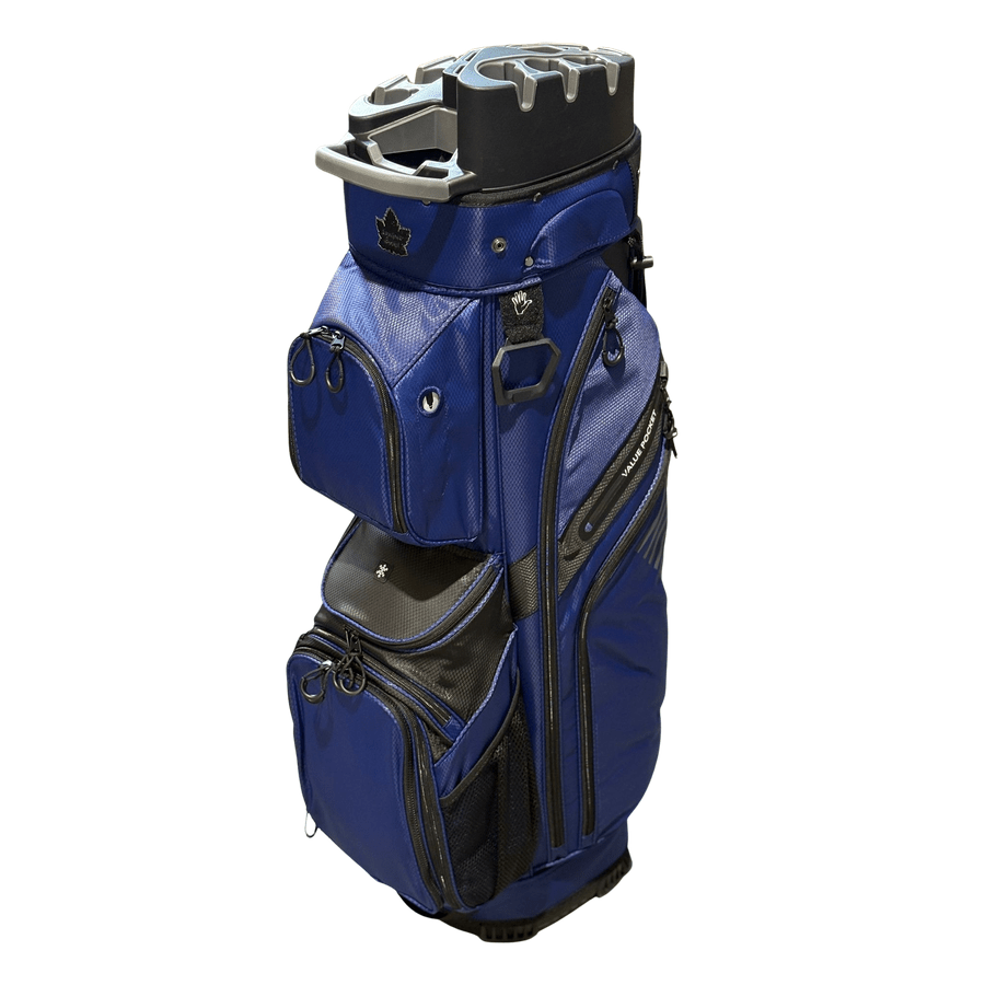 The NS Deluxe Tour Lock Organizer Cart Bag in blue and black features a 14-way divider, multiple zippered pockets including an insulated cooler pocket, a sturdy top handle, and stands upright with club dividers on a white background.