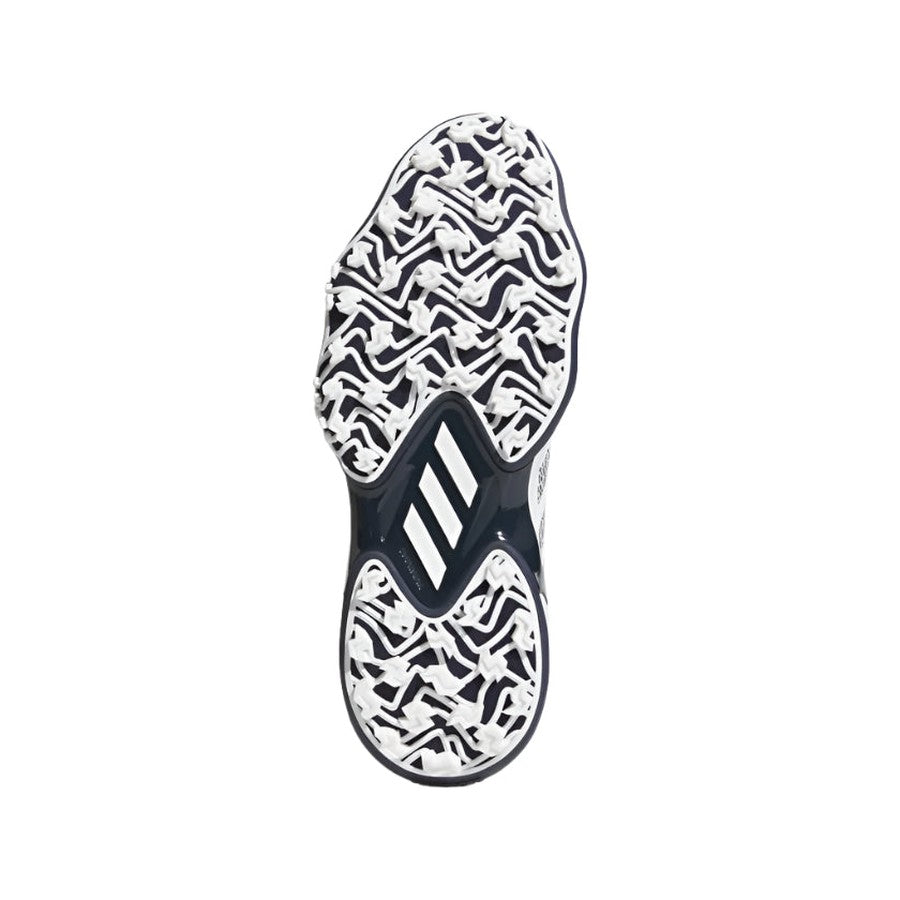 The image shows the sole of the Adidas Codechaos 25 Spikeless Golf Shoes in White/Navy, featuring a black and white zigzag outsole and three white diagonal midfoot stripes for stylish traction and high-performance on the course.
