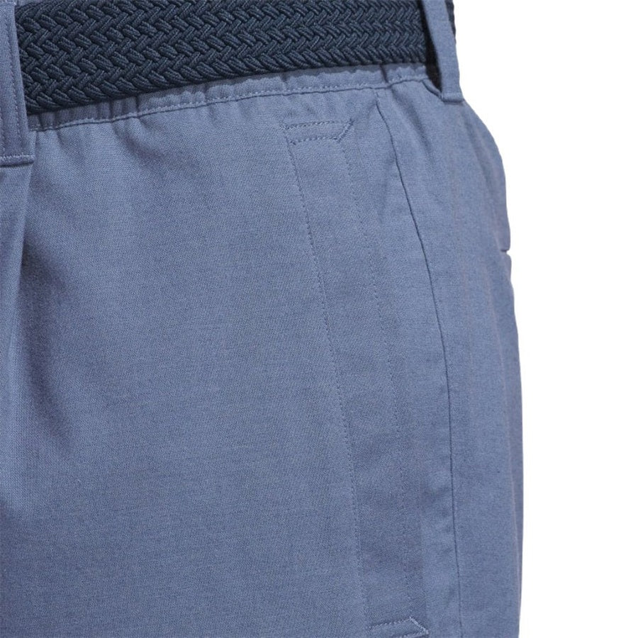 Close-up of Adidas Go-To Versatile Pants in light blue with a visible side pocket and dark blue braided belt. Made from smooth recycled material, these pants feature precise stitching for a refined, versatile look.