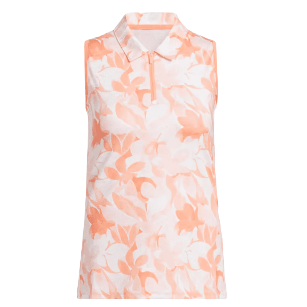 Adidas Ladies Floral Sleeveless Golf Polo Shirt - Orange